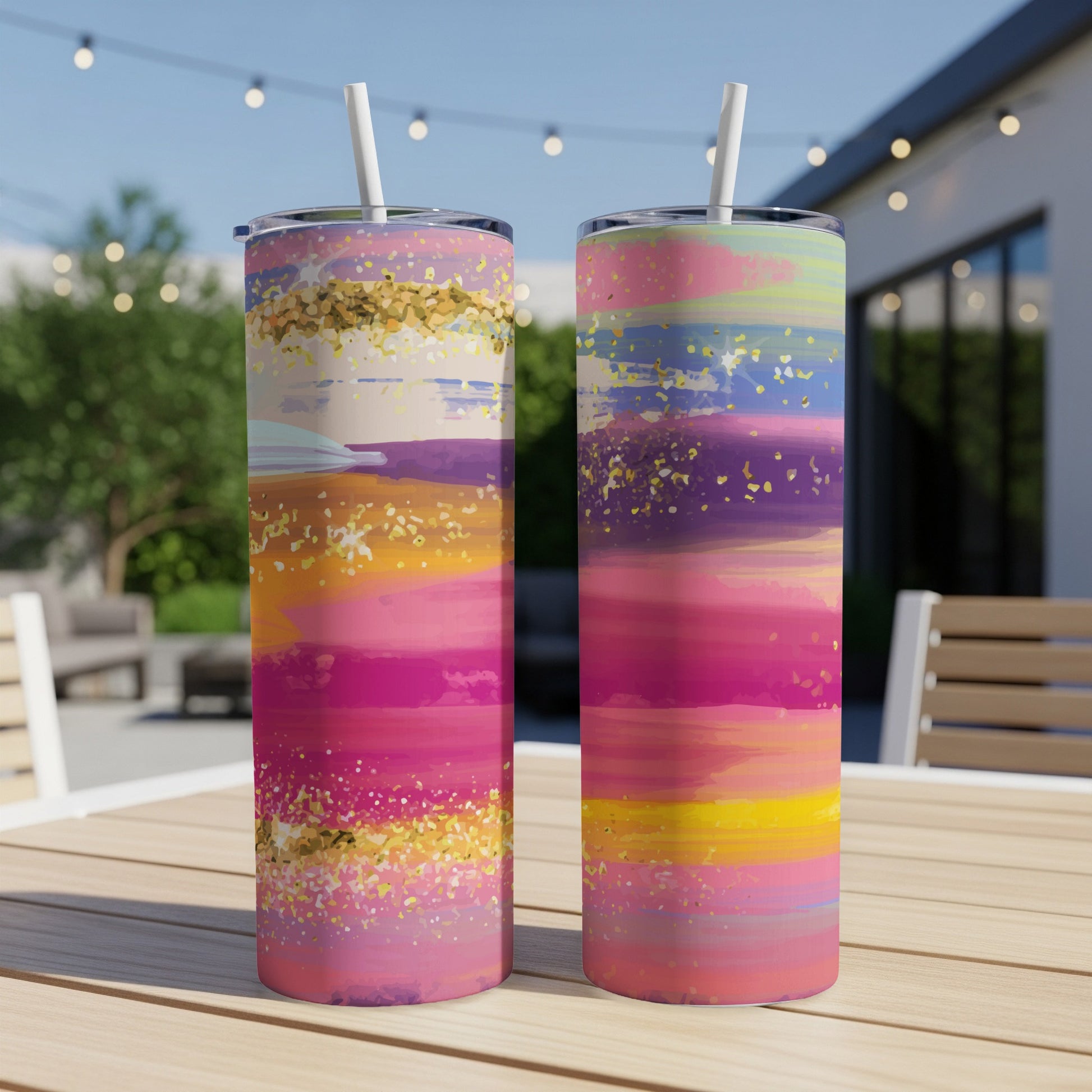Two tumblers with abstract colorful brushstrokes and gold glitter detail.