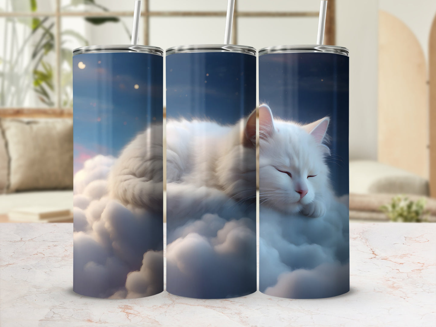 White cat sleeping on clouds with stars in the background.