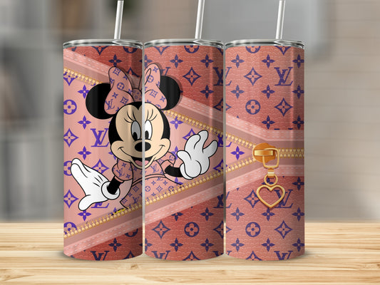 Minnie Mouse in a LV-inspired pattern with a gold zipper and heart charm.