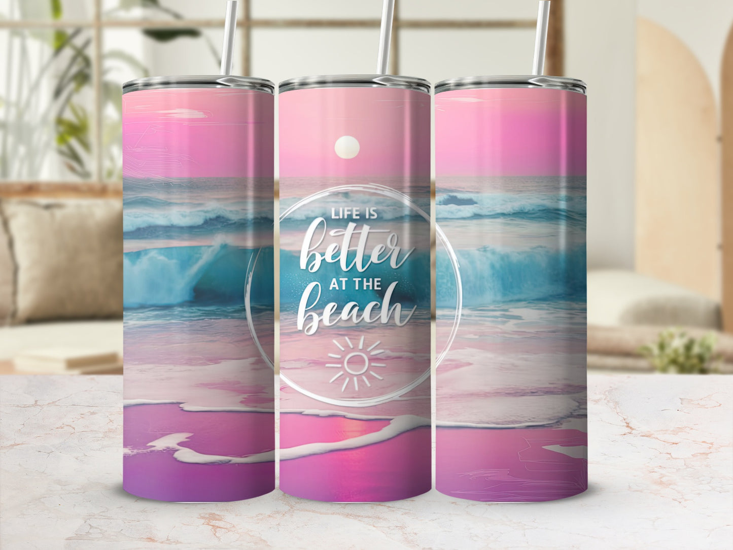 Three tumblers with a sunset beach scene and "Life is better at the beach" text.