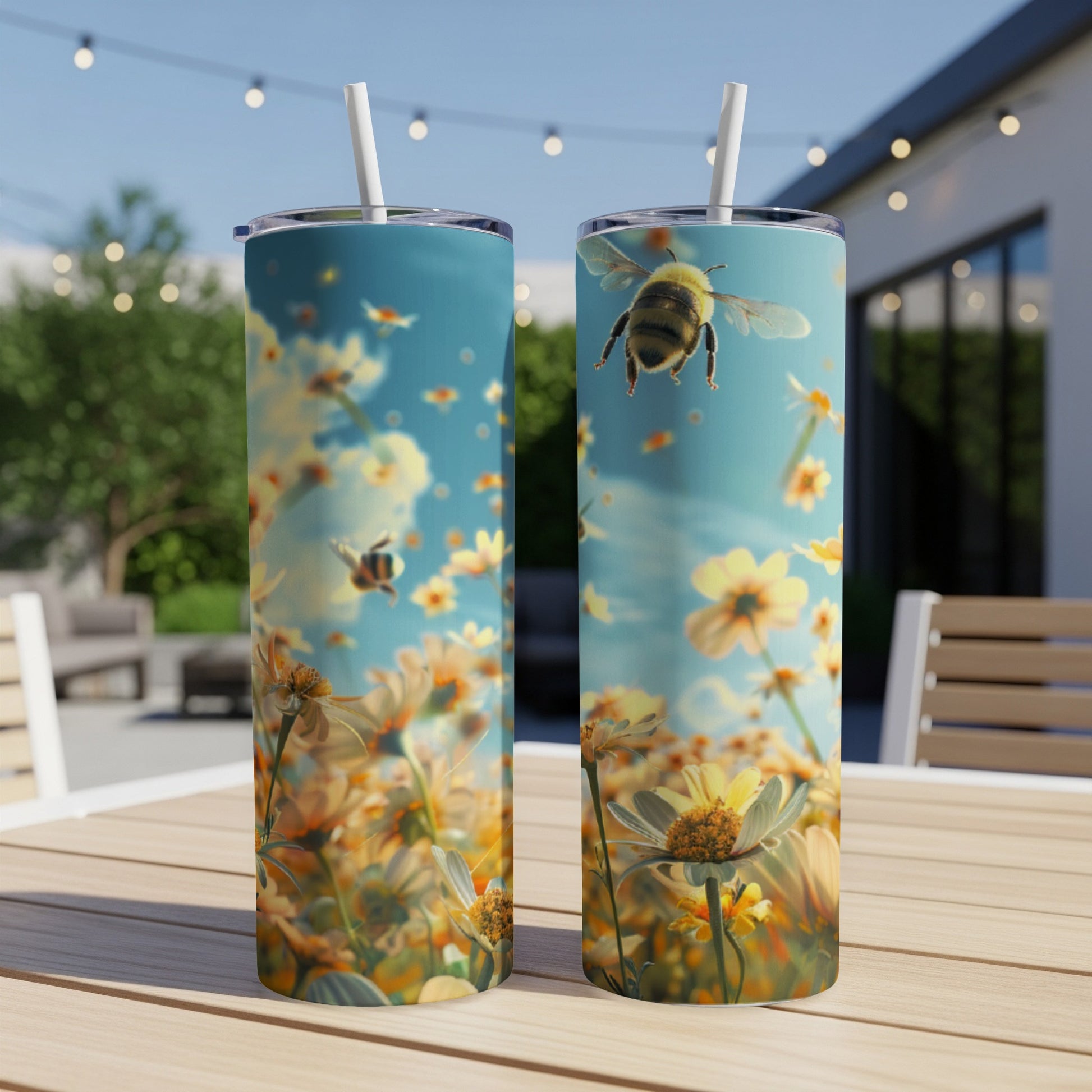 Two tumblers with bees and flowers against a sky background.