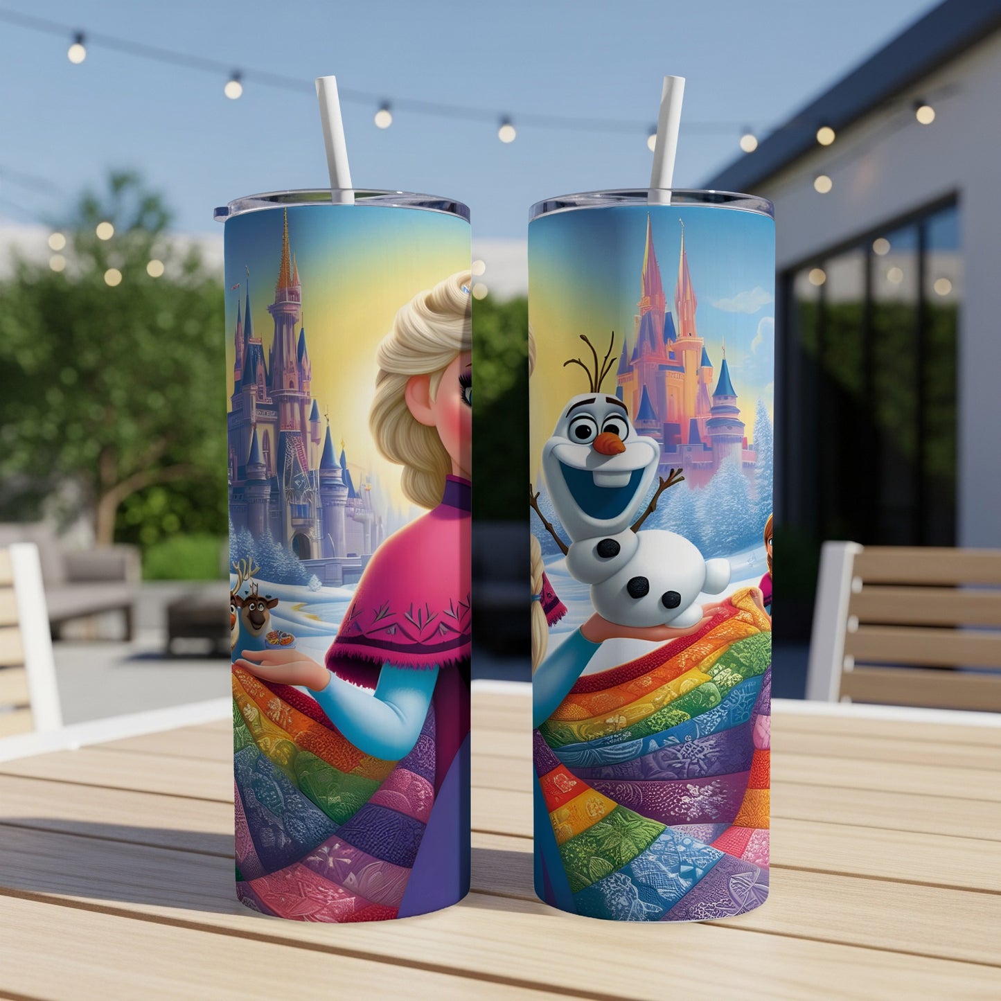 Elsa and Olaf on a rainbow design tumbler with a castle background.