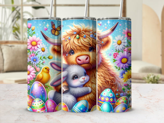 Easter tumbler with fluffy cow, bunny, butterflies, and colorful eggs.