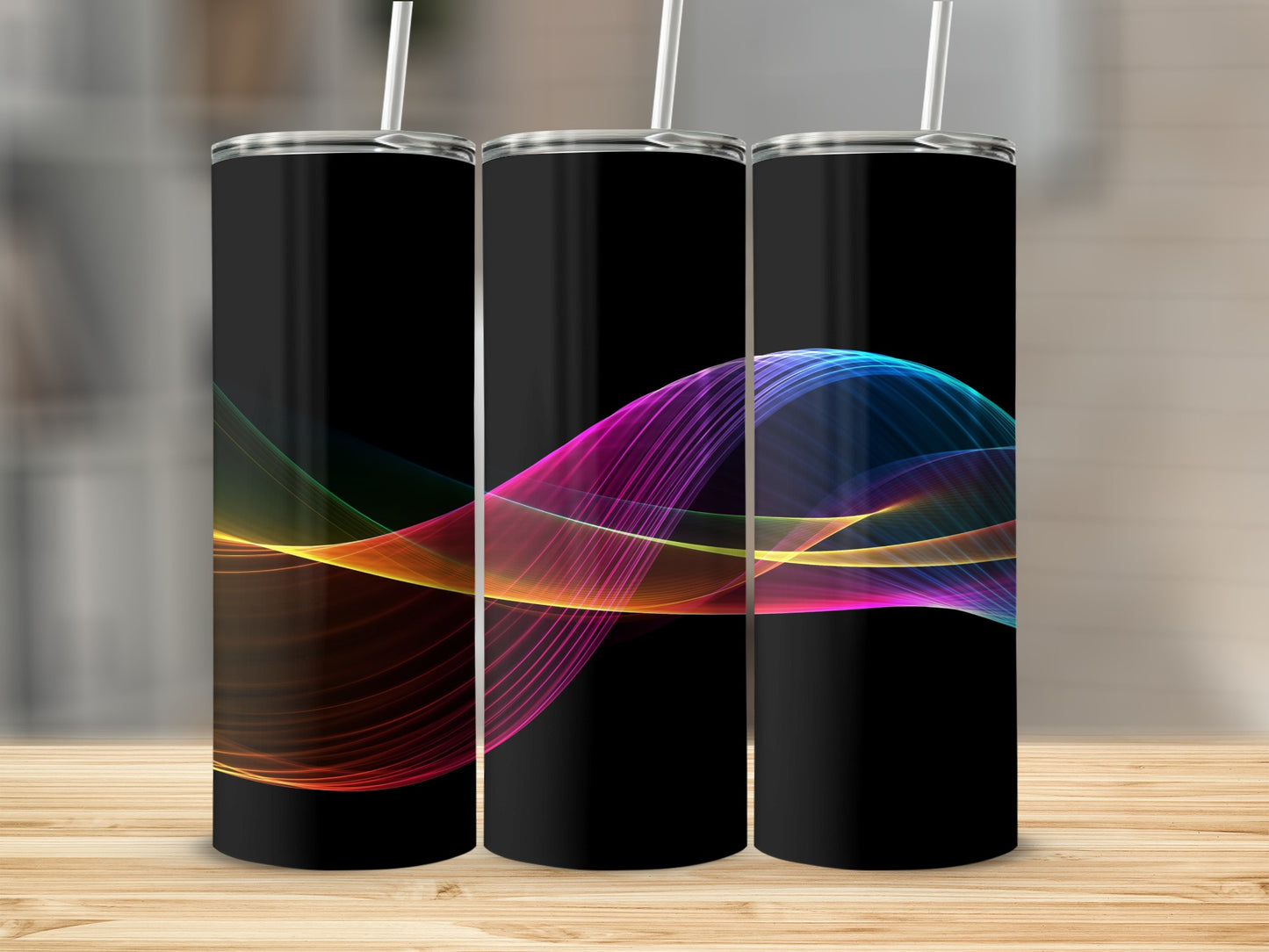 Three black tumblers with a colorful, flowing wave design.