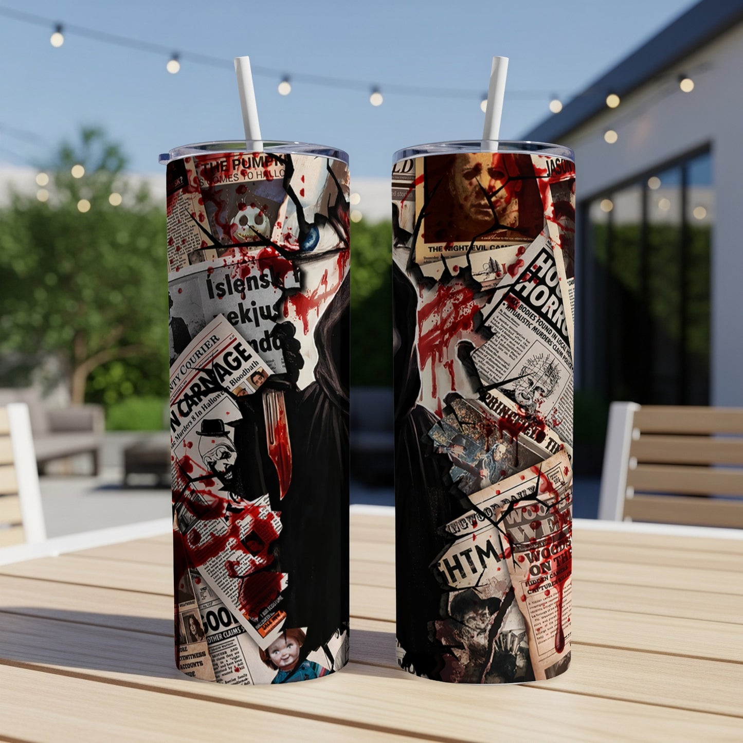 Two tumblers with a horror collage featuring newspaper clippings, blood, and iconic movie villains.
