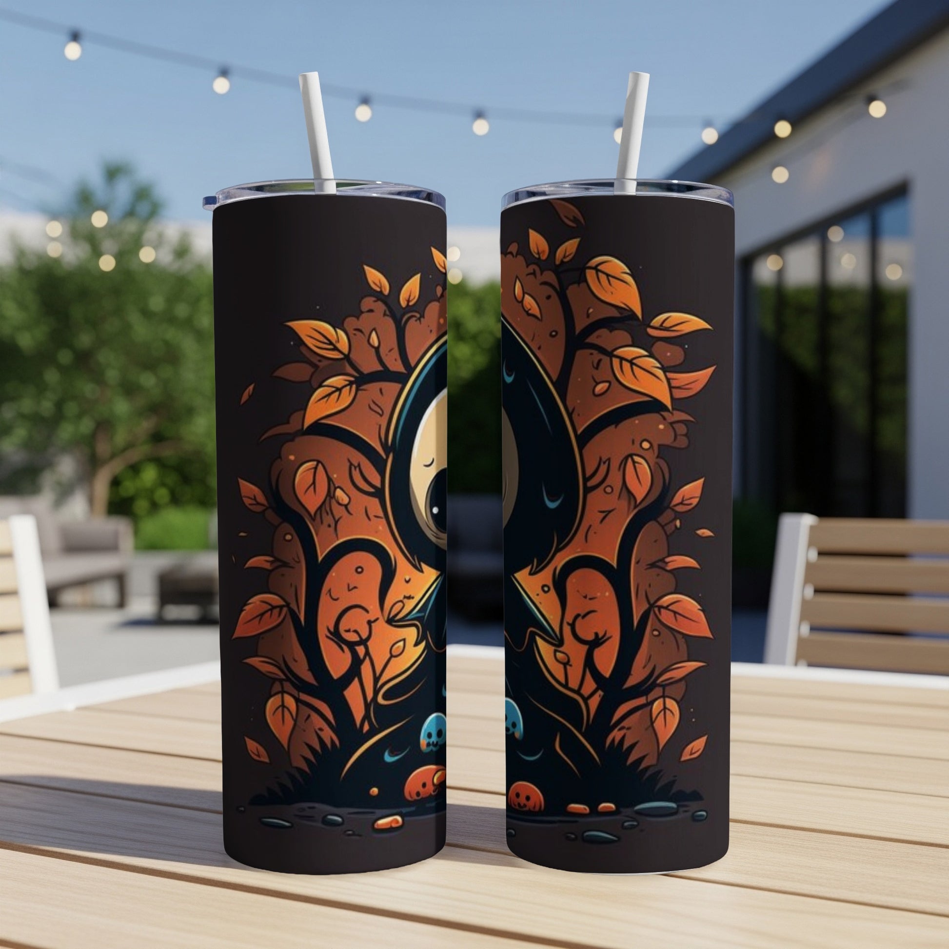 Two tumblers with a Halloween design featuring a spooky tree, leaves, and pumpkins.