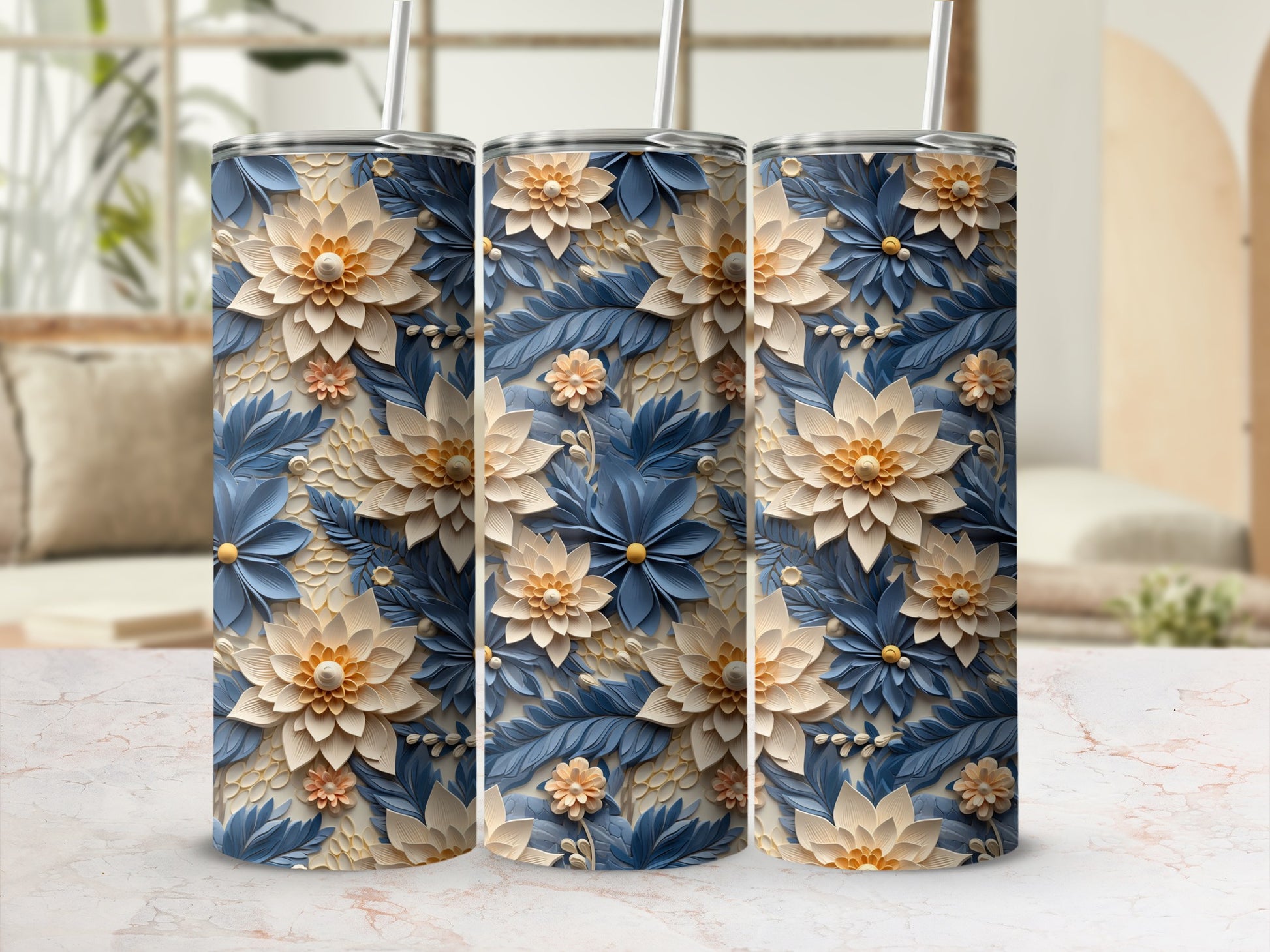 Floral Patterned Blue and Beige Insulated Tumbler