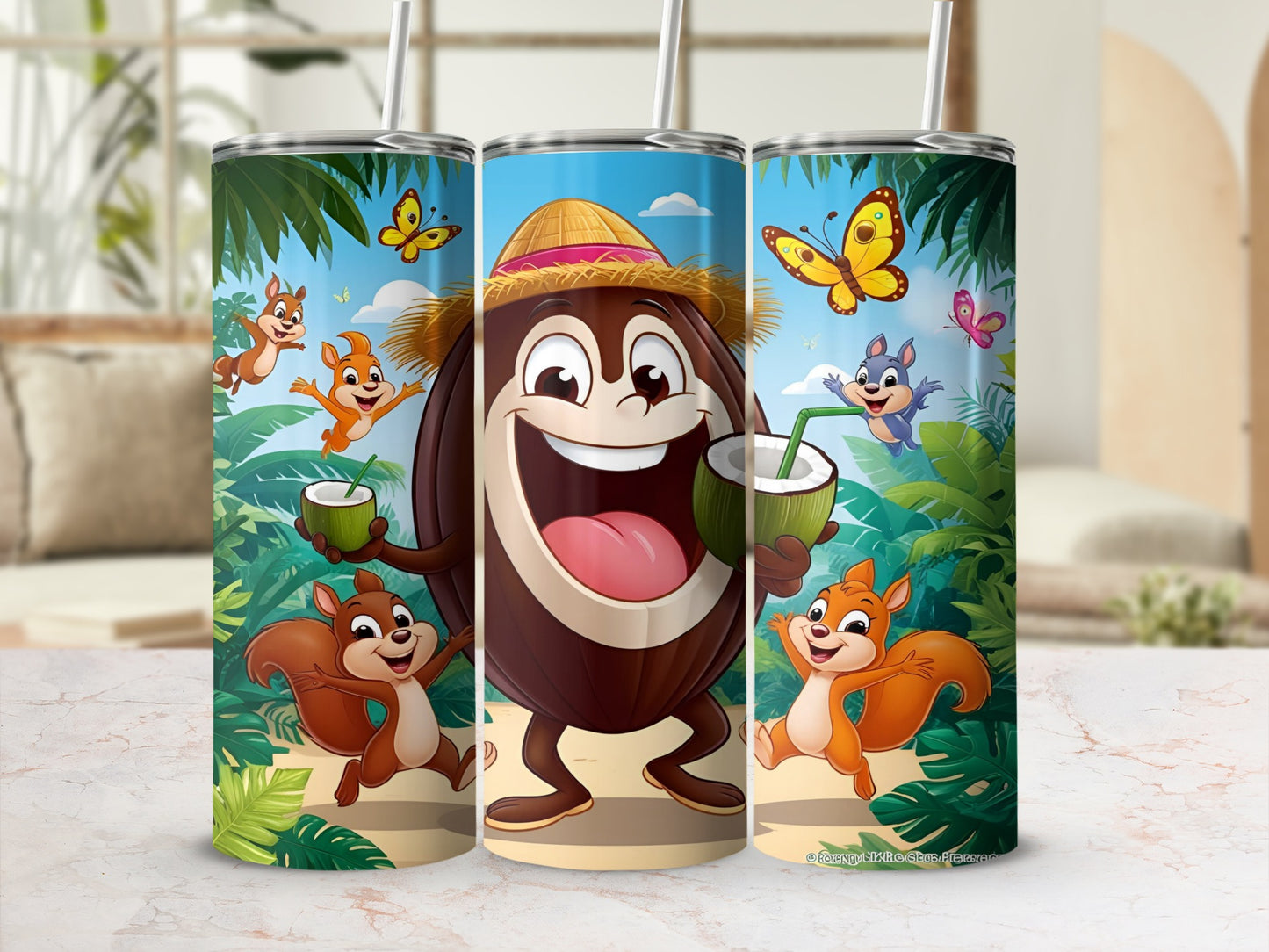 Coconut character wearing hat, holding coconut drink, with squirrels and butterflies.
