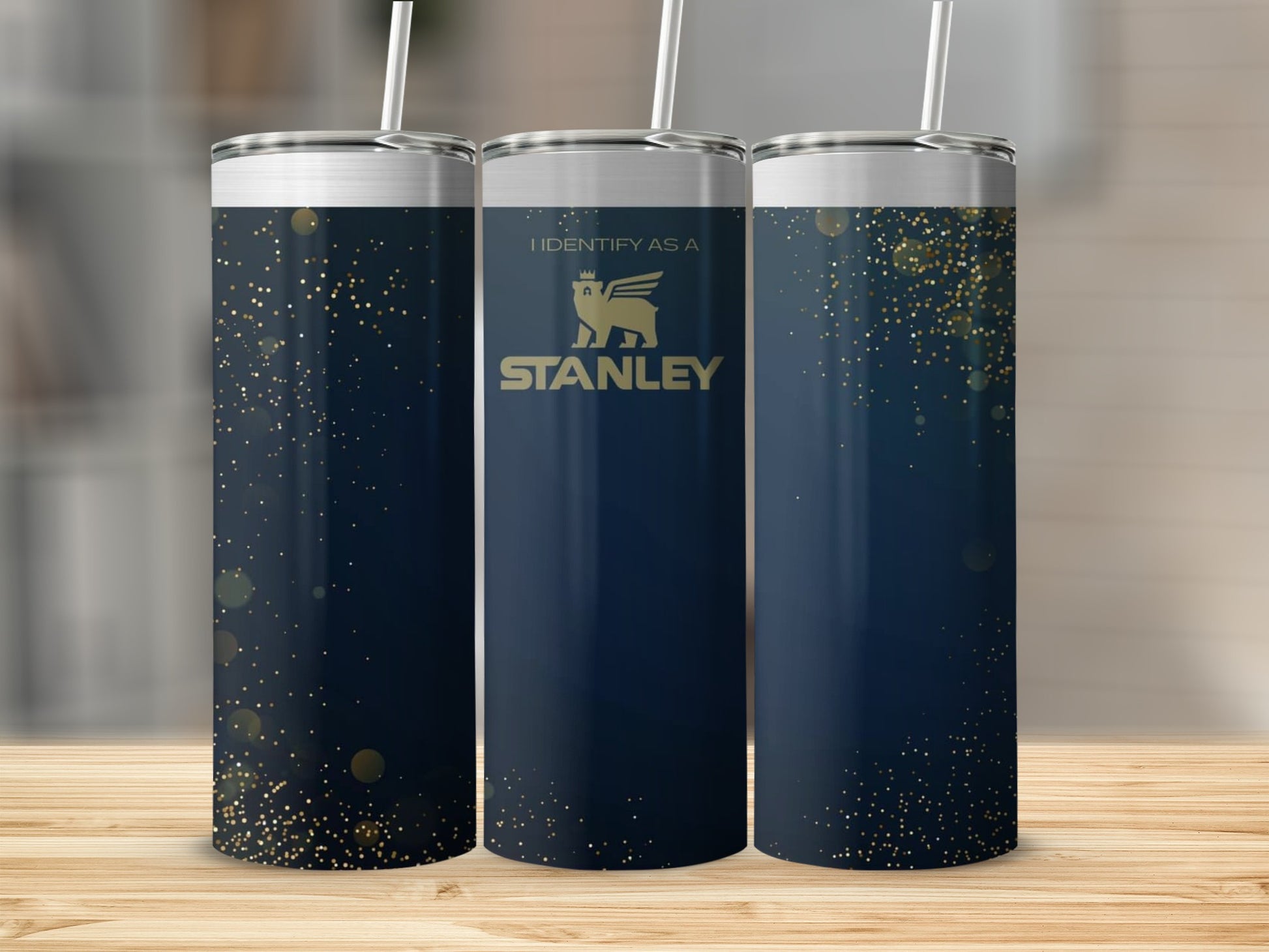 I Identify As A Stanley Tumbler with Glitter Design