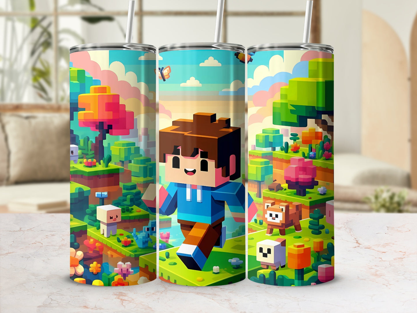 Colorful Pixel Art Adventure Themed Tumbler Set