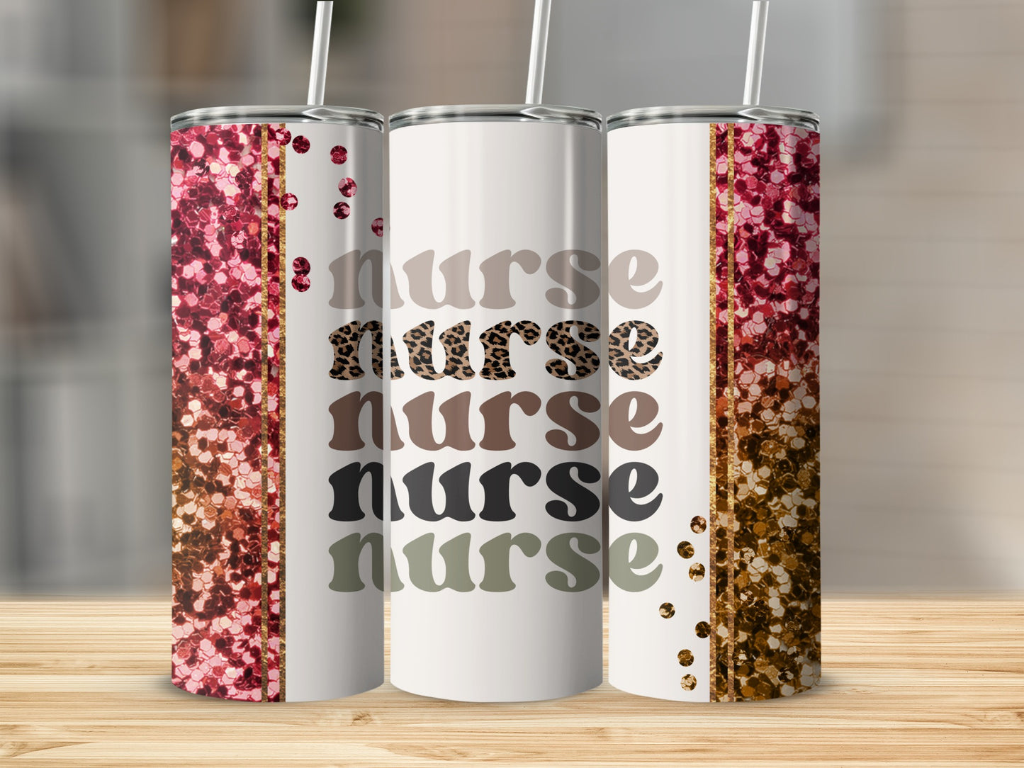 Three tumblers with "nurse" text in leopard and glitter patterns.