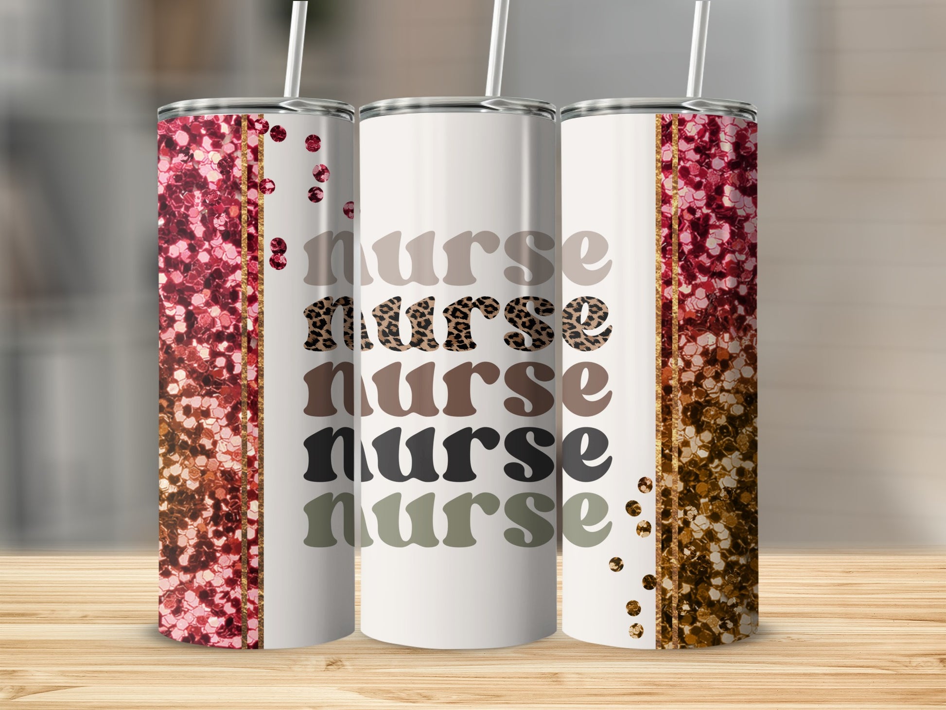 Three tumblers with "nurse" text in leopard and glitter patterns.