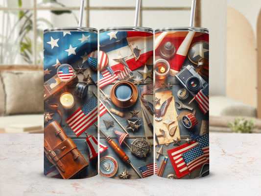 Three tumblers with American flag and patriotic motifs.