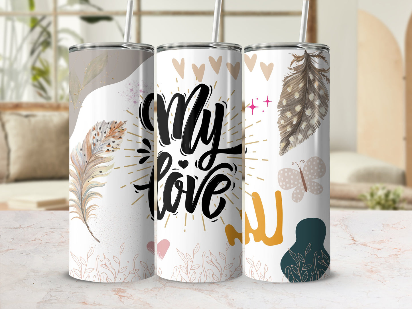 My Love Floral and Feather Design Tumbler