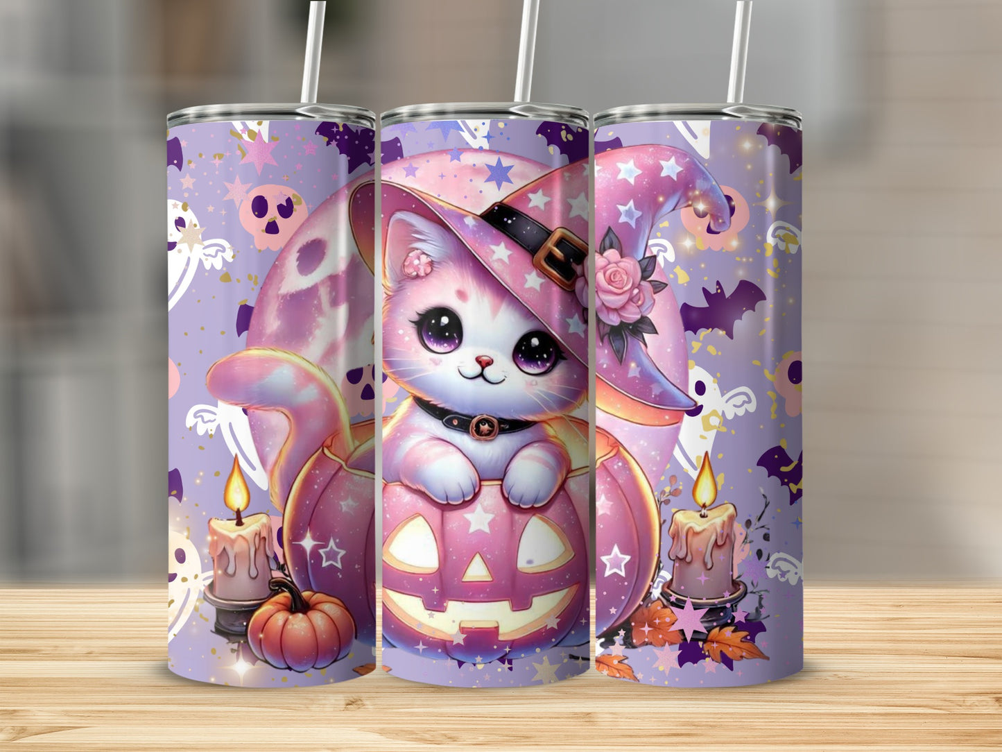 Cute Halloween Cat with Pumpkin Witch Hat Tumbler