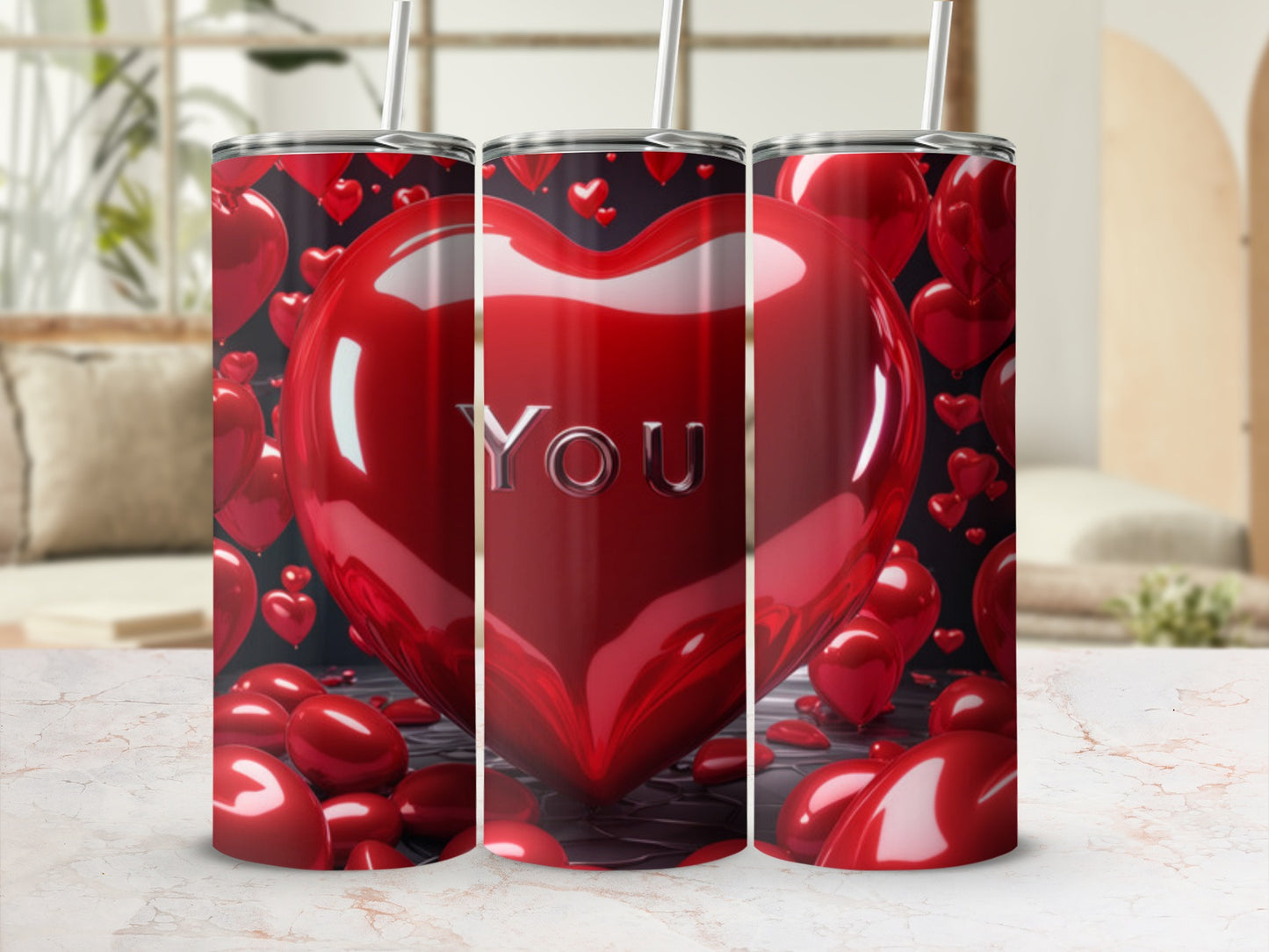 Red heart tumbler with "YOU" text surrounded by heart shapes.