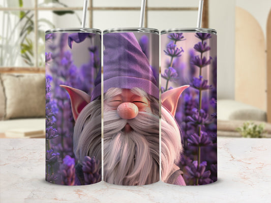 Triptych of a gnome with purple hat and lavender flowers.