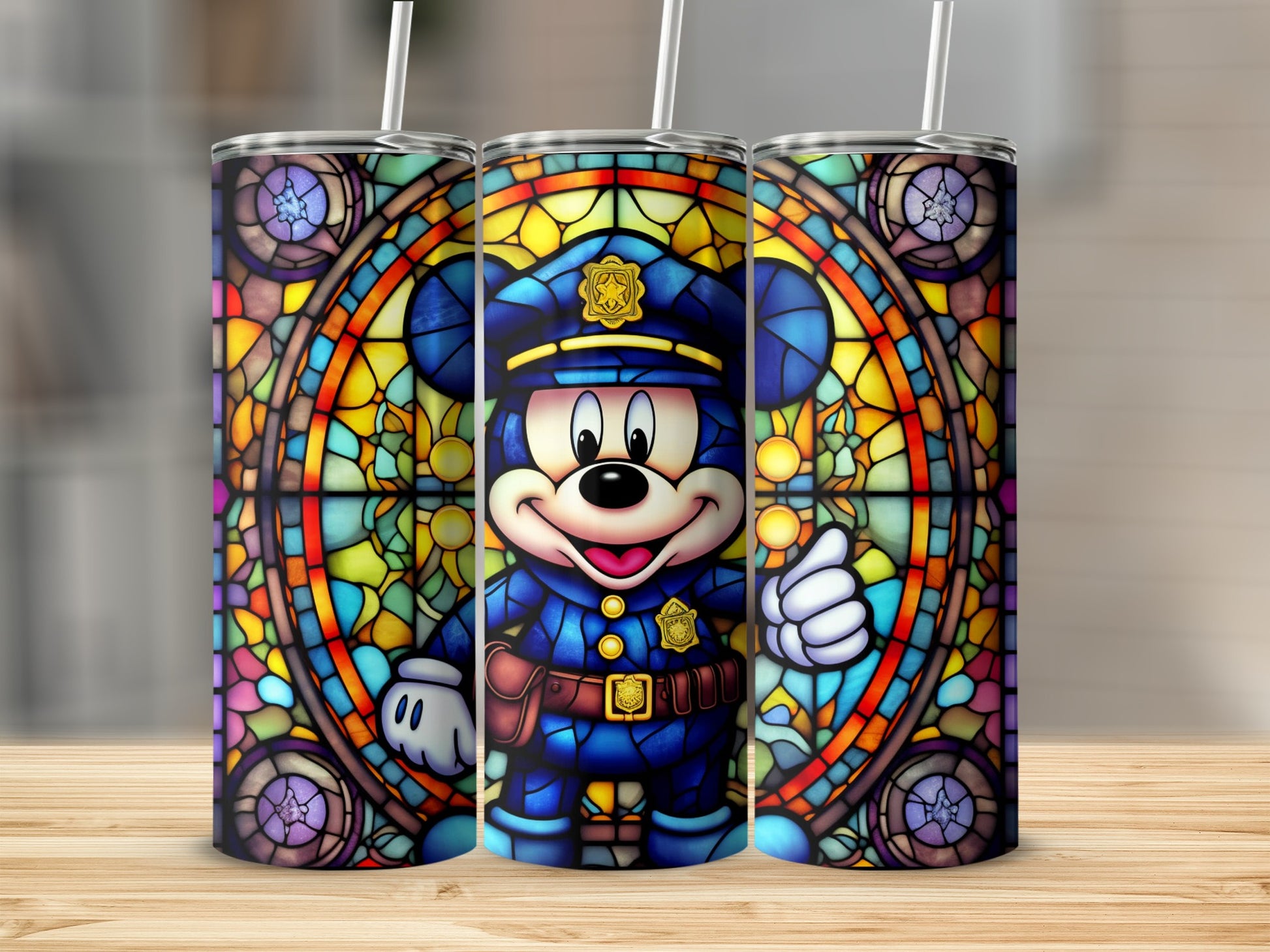 Colorful Police Officer Mouse Stained Glass Design Tumbler