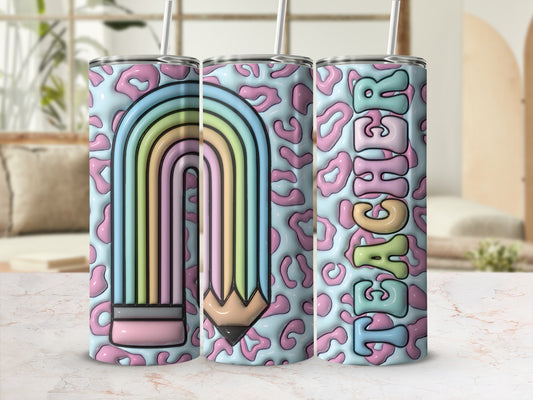 Pink leopard print tumbler with pastel rainbow and "Teacher" text.