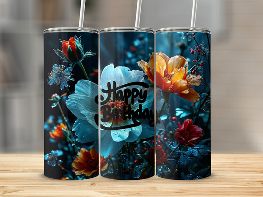 Floral skinny tumbler with "Happy Birthday" text on the middle tumbler.