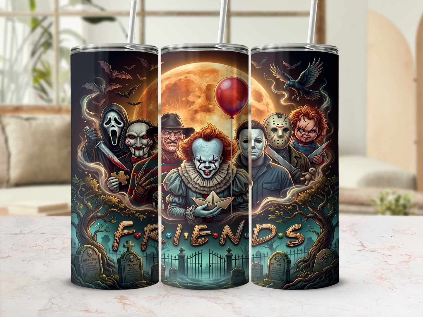 Horror characters and "FRIENDS" text on a graveyard scene with a full moon.