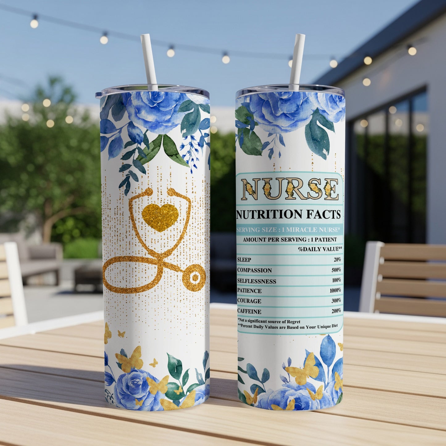 Two tumblers with blue floral and gold butterfly designs, one showing "Nutrition Facts" for a nurse.