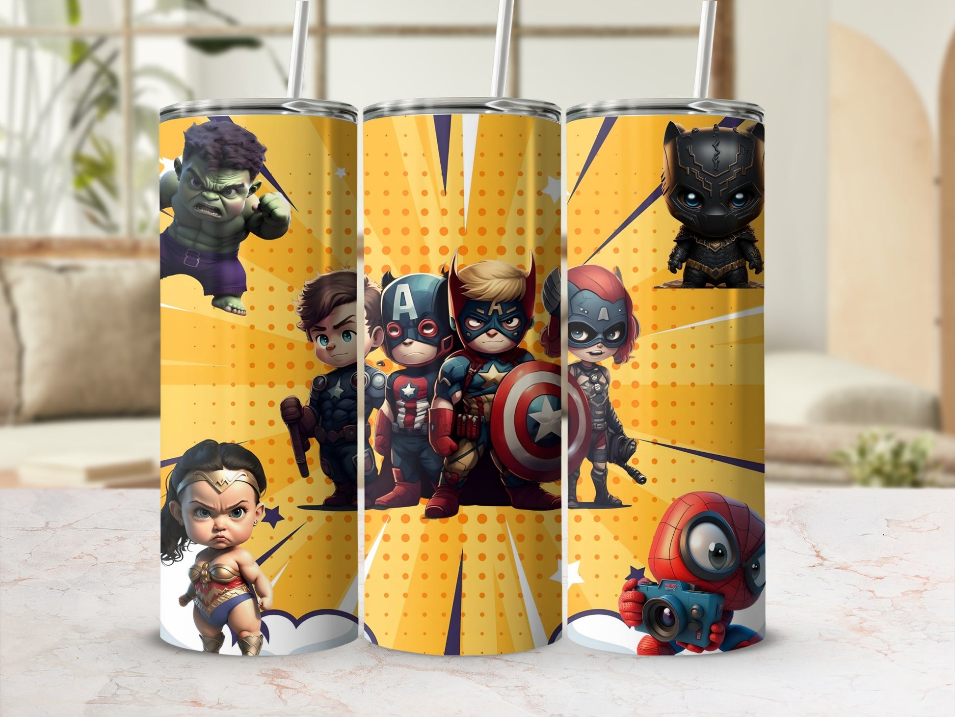 Cute Superhero Characters Design on Yellow Tumbler