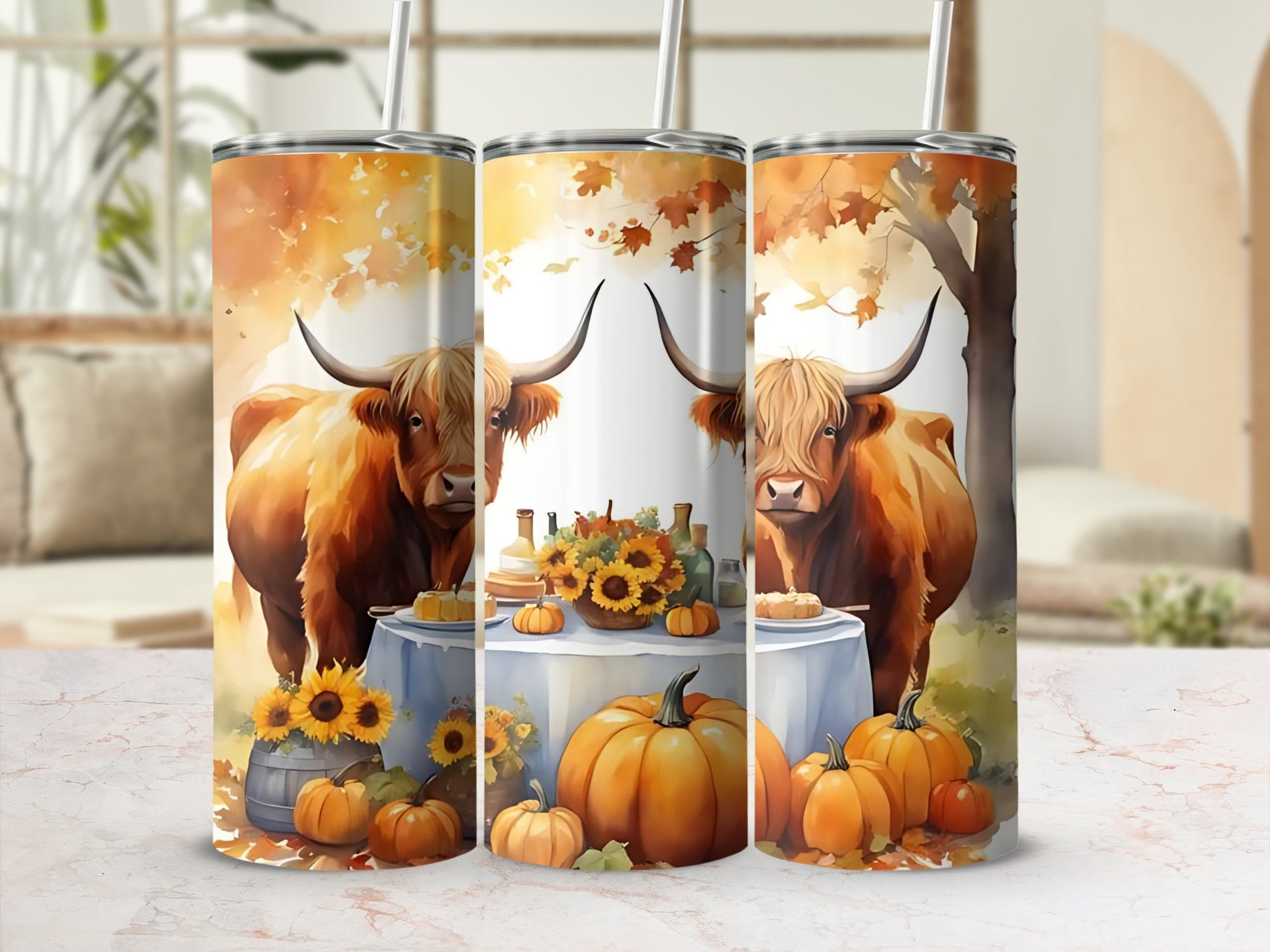 Rustic Autumn Highland Cow Theme Tumbler Flask