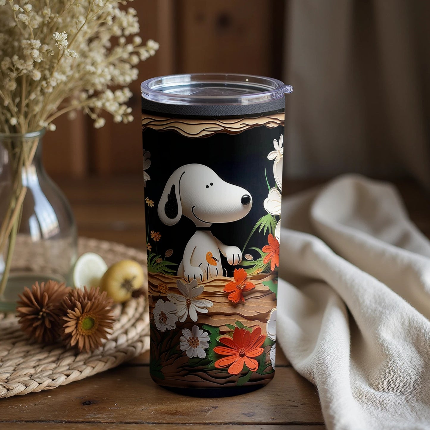Floral Dog Tumbler with Lid for Beverages Decor