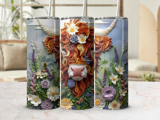 Highland cow with floral wreath on tumbler, set of three.