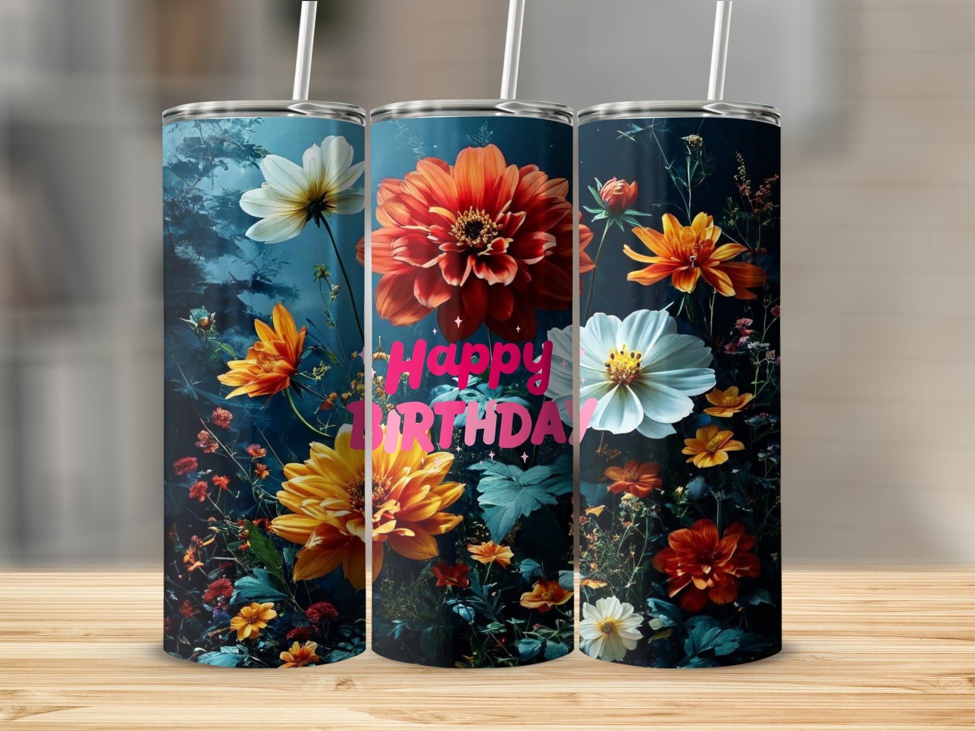 Three tumblers with floral designs and "Happy Birthday" text.