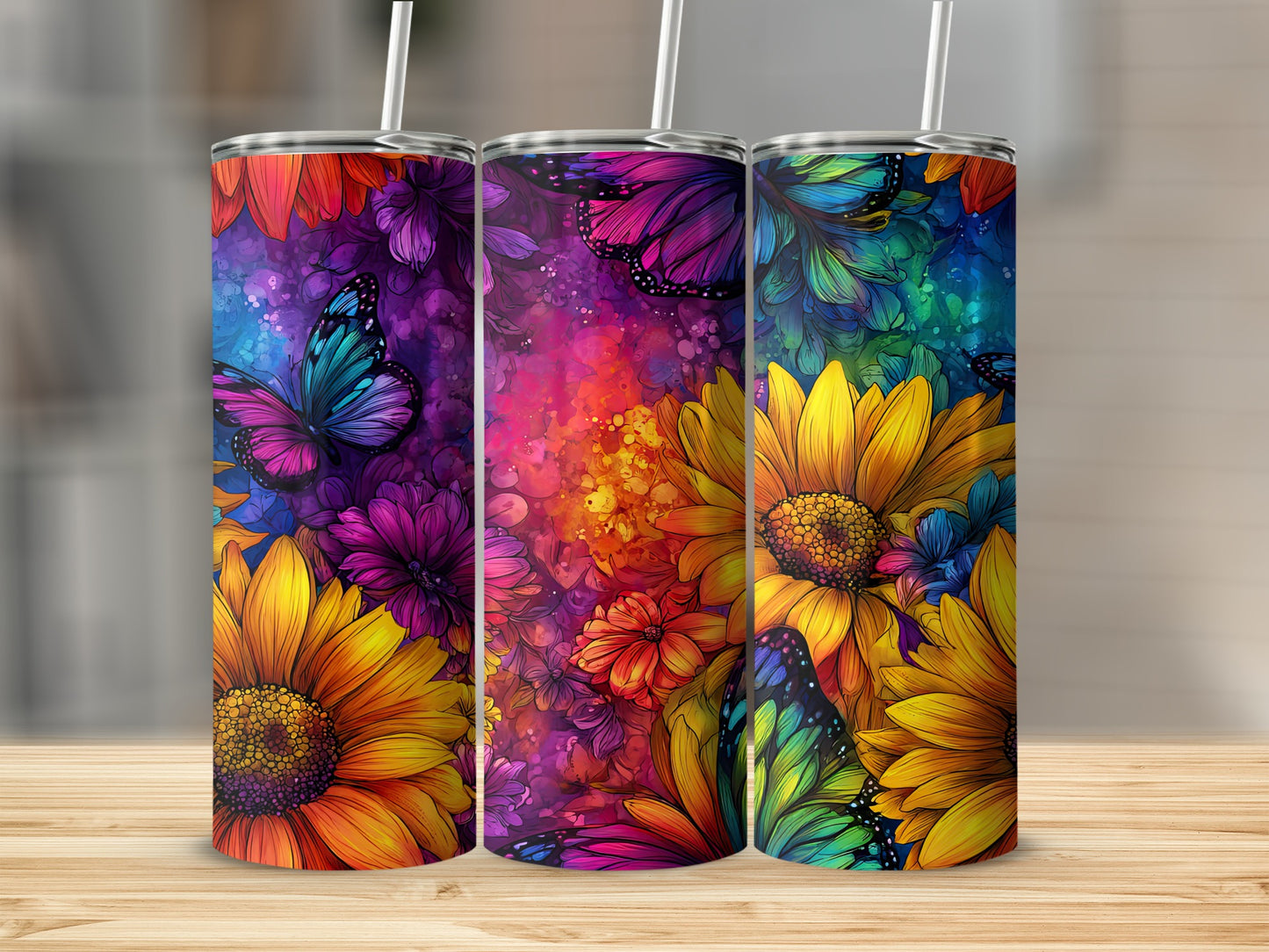 Vibrant Sunflowers and Butterflies Art Tumblers