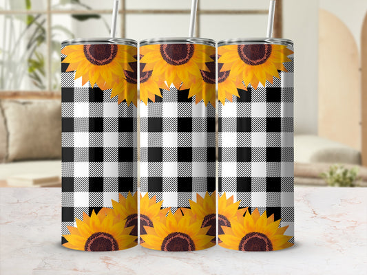 Three tumblers with sunflowers and buffalo plaid pattern.