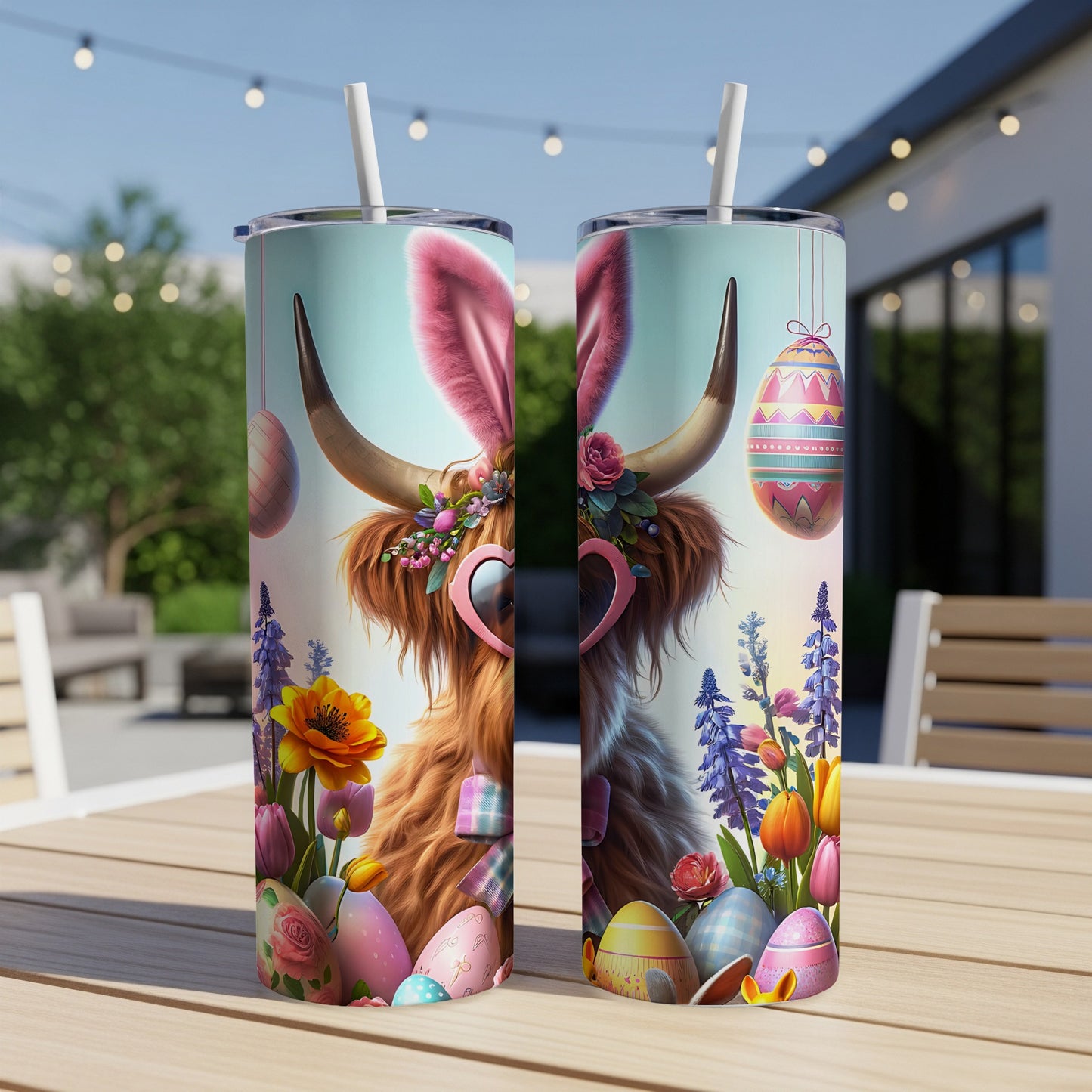 Easter Highland cow with bunny ears, heart sunglasses, and floral crown on tumblers.