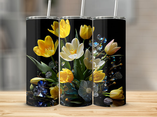 Tulips in a vase, white and yellow flowers with blue crystals.