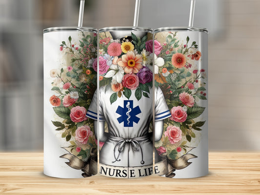 Nurse life tumbler with flowers and a medical cross symbol.