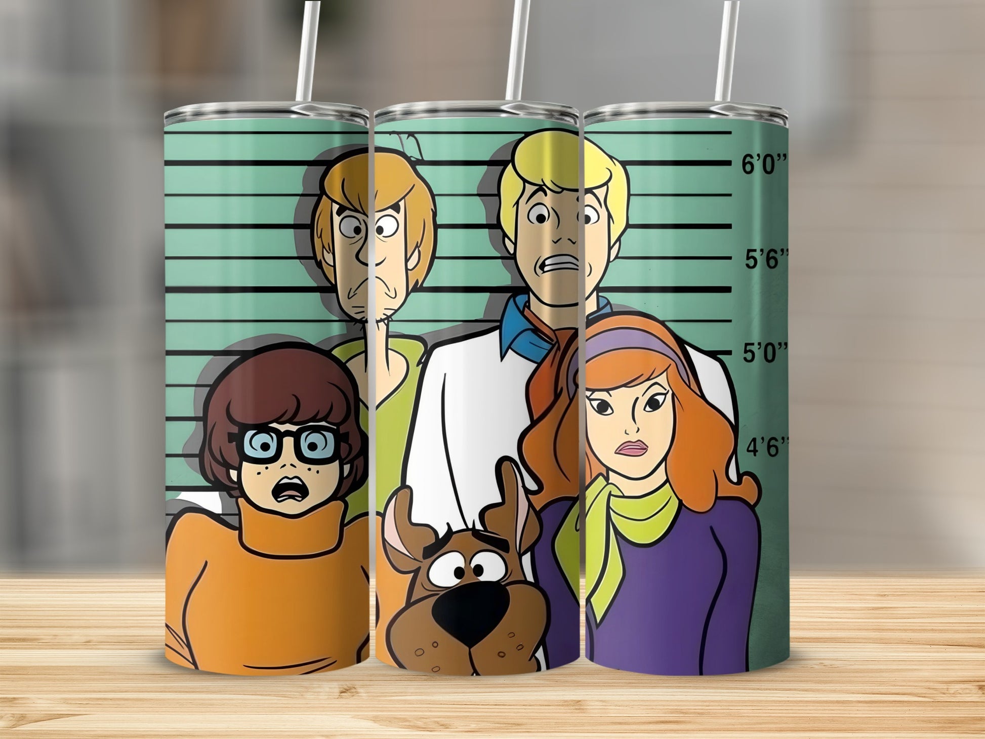 Scooby-Doo characters Fred, Daphne, Velma, and Scooby Doo against a mugshot background.