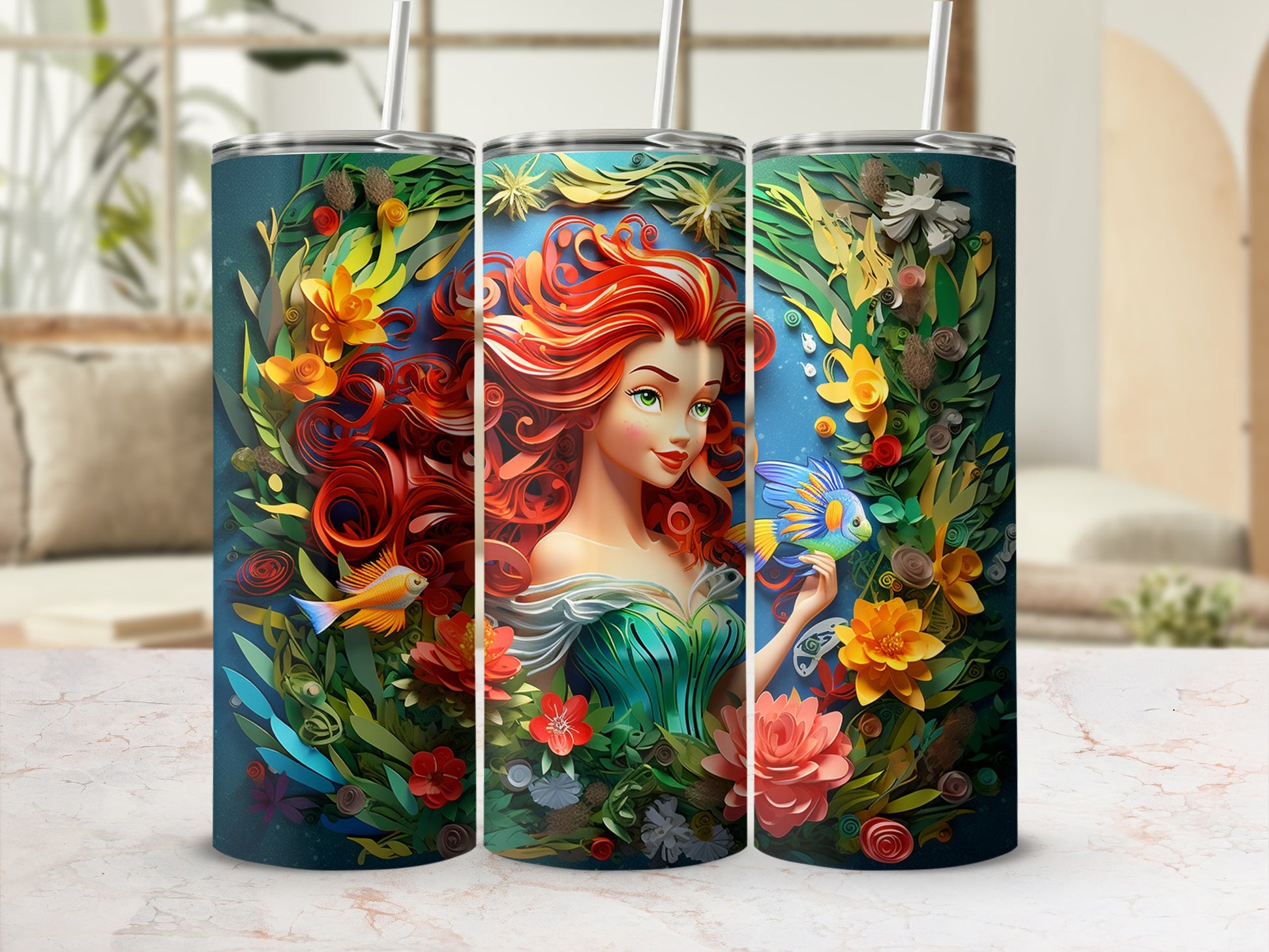 Unique Fantasy Floral Mermaid Art Tumbler Design