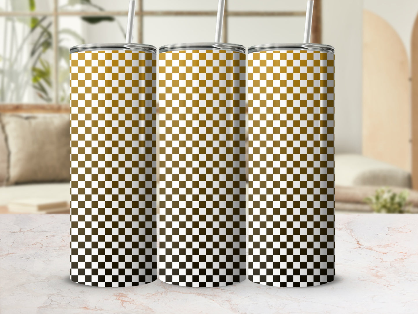 Three tall tumblers with a brown and white checkered gradient pattern.