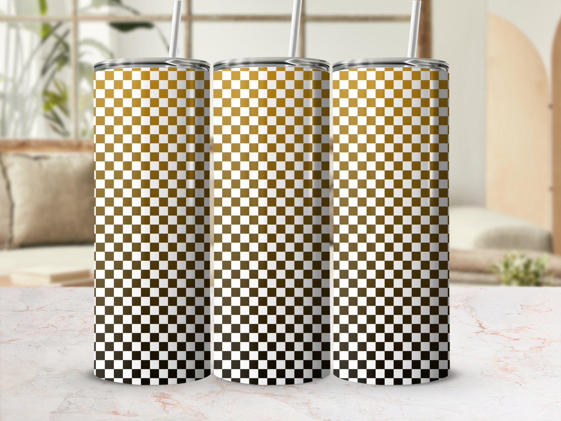 Three tall tumblers with a brown and white checkered gradient pattern.