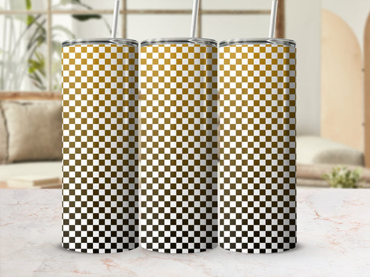 Three tall tumblers with a brown and white checkered gradient pattern.