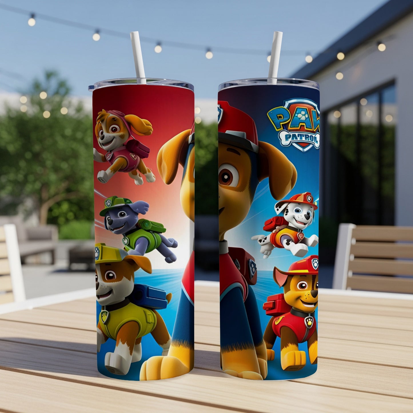 Paw Patrol characters Chase, Marshall, Rubble, and Skye on a blue and red tumbler.