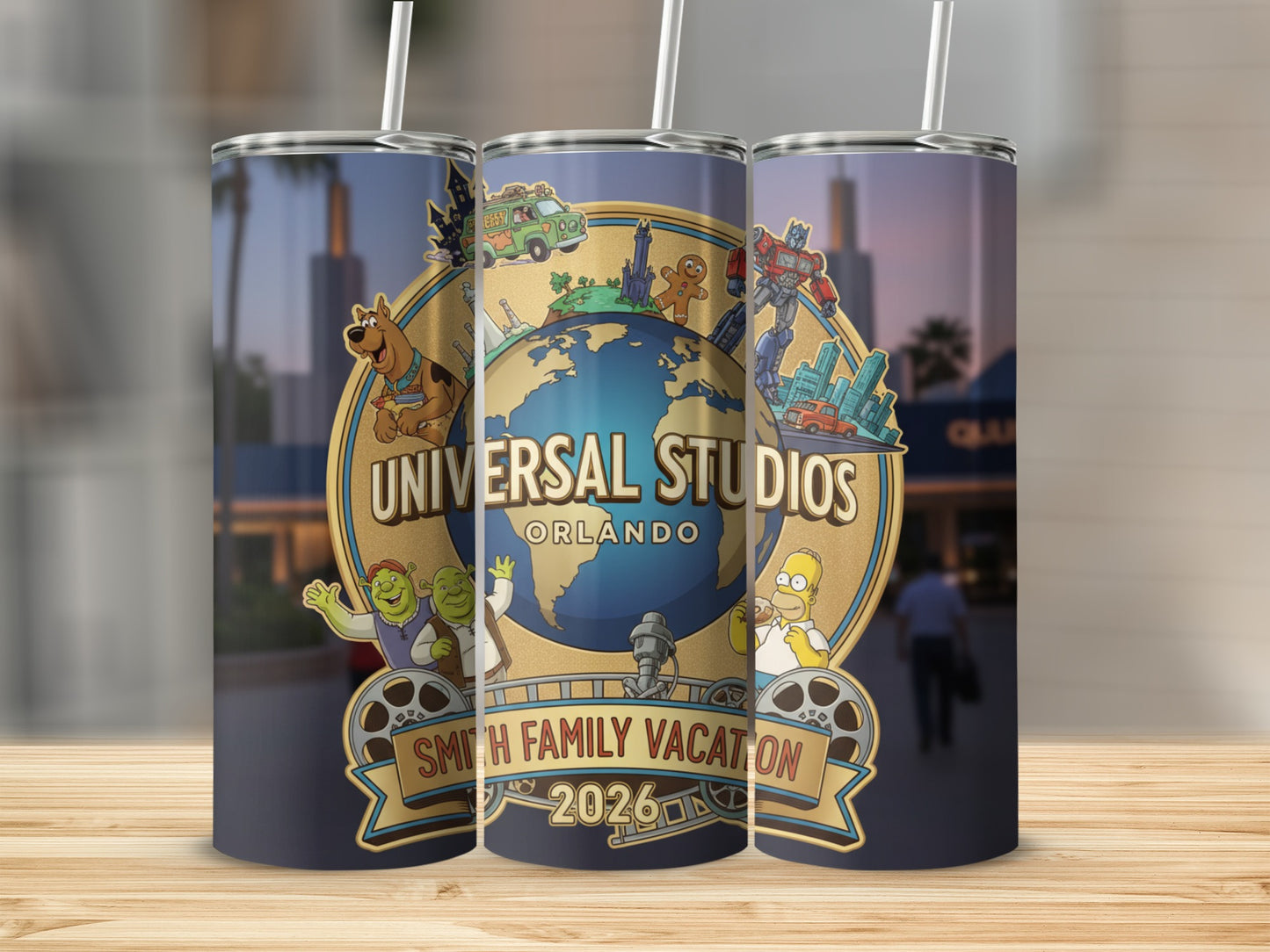 Universal Studios Orlando themed tumbler with "Smith Family Vacation 2026" banner.