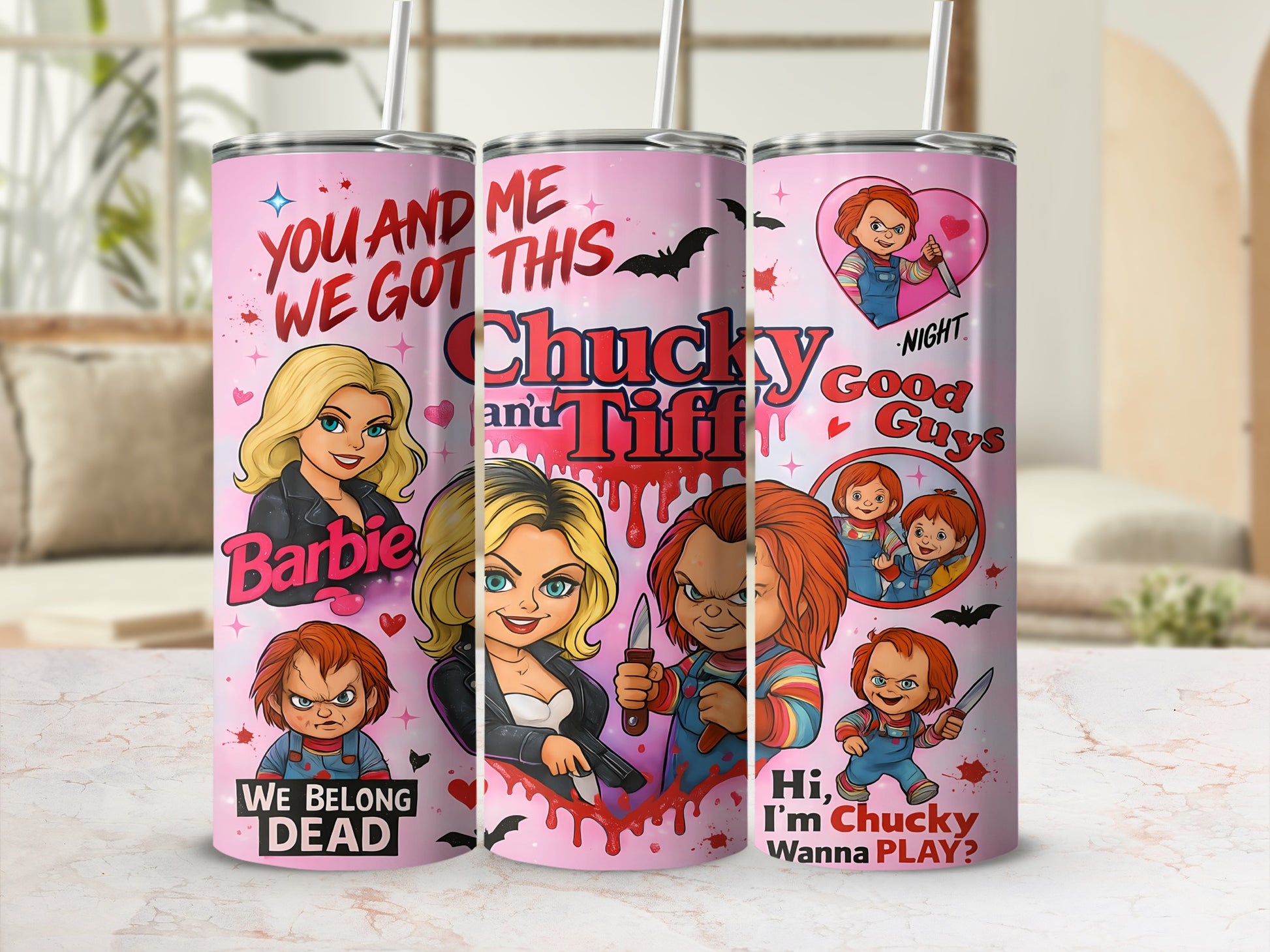Chucky and Tiffany designs with quotes "You and Me We Got This" and "Hi, I'm Chucky Wanna PLAY?"