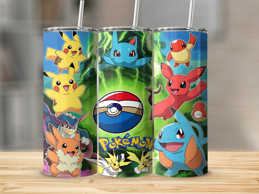 Pokemon characters including Pikachu, Squirtle, and Charmander on a green and blue patterned tumbler.