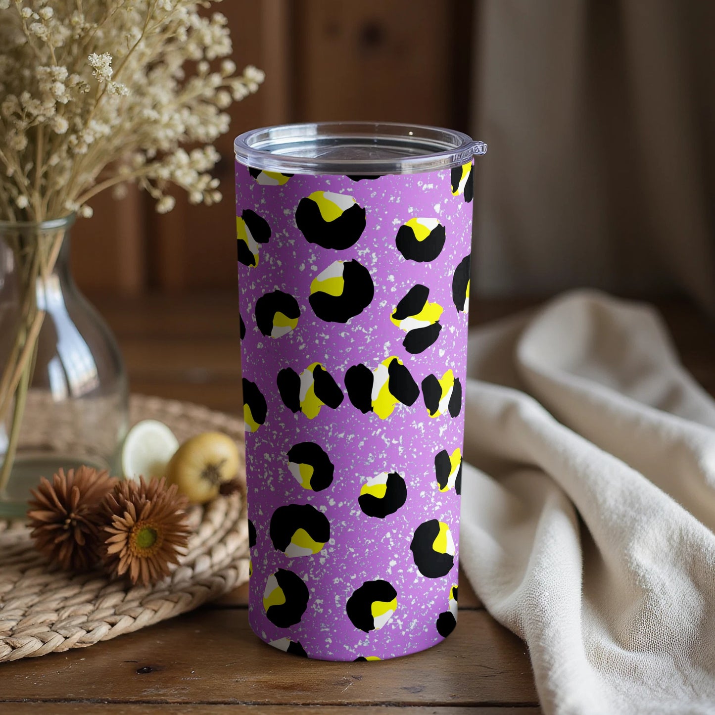 Purple and Yellow Leopard Print Travel Tumbler