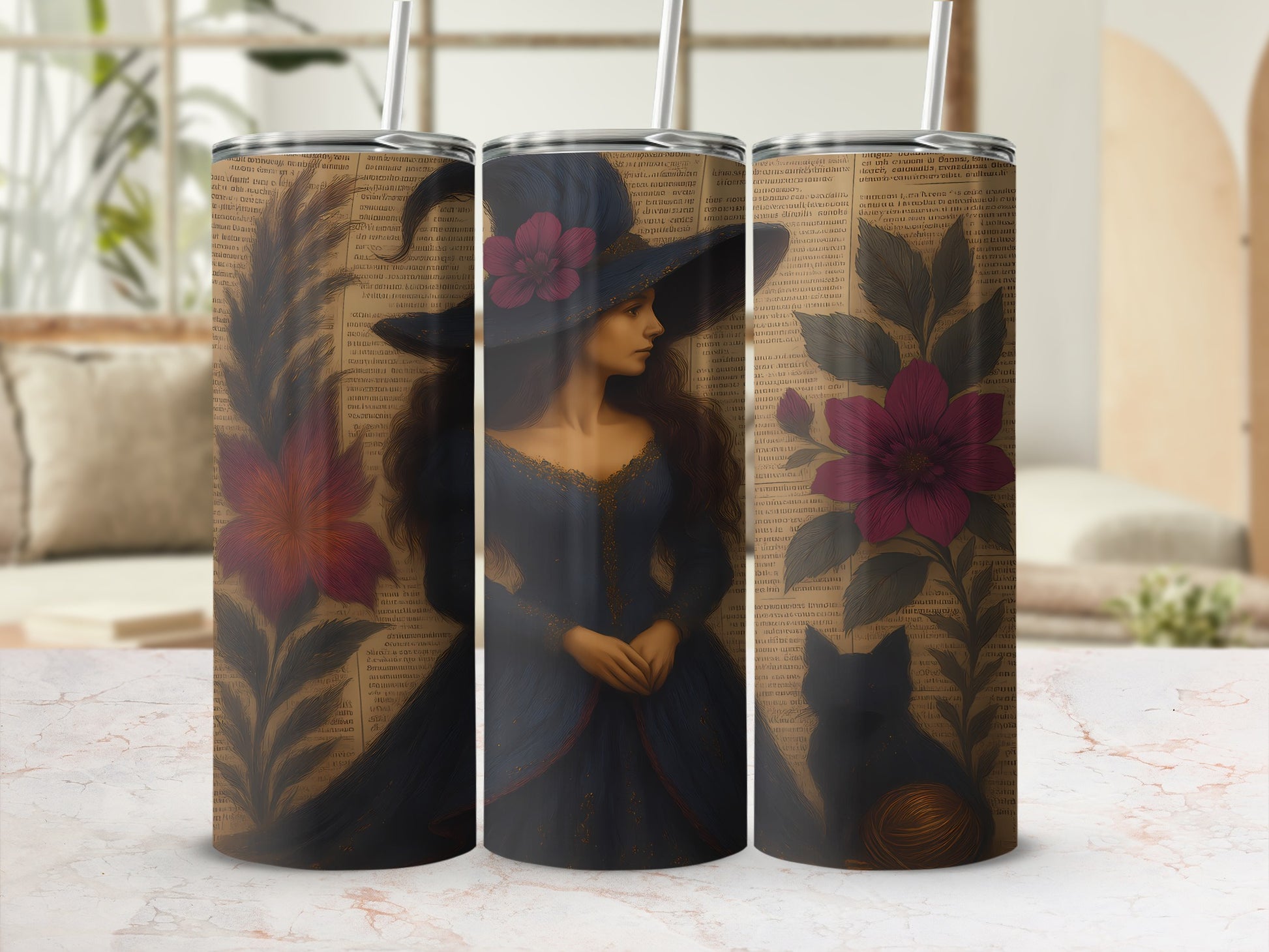 Tumbler with witch, cat, flowers, and vintage paper text design.