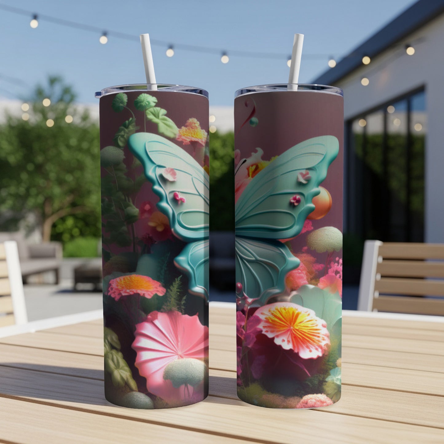 Two tumblers with teal butterfly and floral designs on a table.