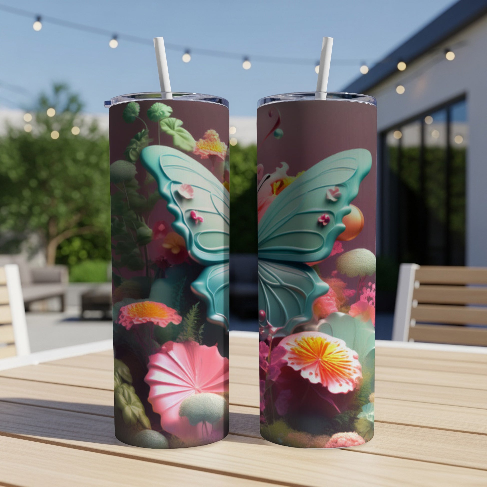 Two tumblers with teal butterfly and floral designs on a table.