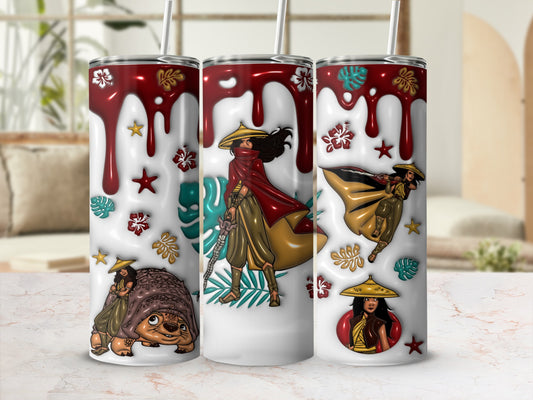 Three tumblers featuring Raya and Sisu from Disney's Raya and the Last Dragon.